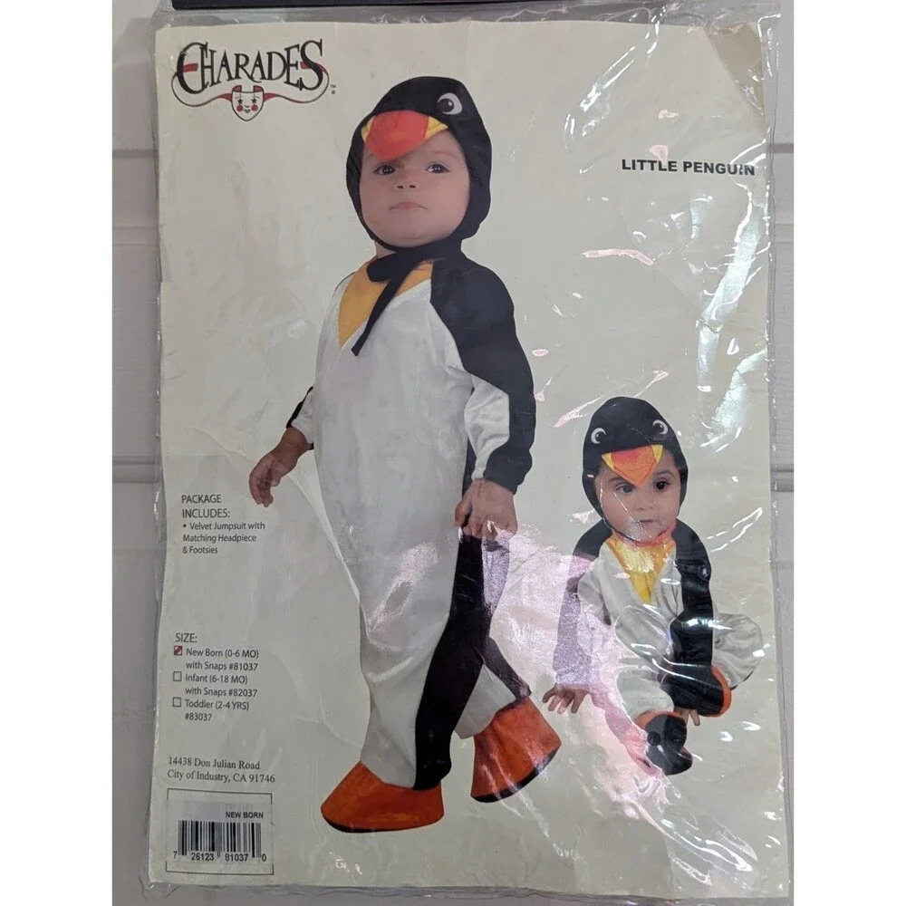 Charades Penguin Halloween Costume Infant 0-6 mos Velvet Jumpsuit Hood Booties